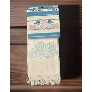 Vintage Janlynn Borderline Hand Towel To Cross Stitch Geese Blue Bows 1990